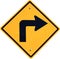 Yellow right turn road sign