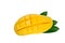 Yellow ripe mango and leaf on white background, Mango slice cut to cubes, Mango is a tropical fruit, Sweet taste, Fresh yellow rip