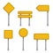 Yellow road signs. Empty traffic highway speed street metal sign collection, stop safety boards, blank hazard forbidden