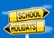 Yellow road signs with inscriptions school holidays