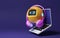 Yellow robot with bright pink headphones conversational technology and smart phone on purple background