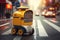 Yellow robot courier crossing road on street at pedestrian crosswalk. Robotic service