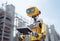 Yellow robot humanoid using portable tablet standing on construction site