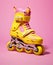 Yellow roller skates on a pink background, AI generated illustration