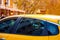 Yellow roof of taxi car, autumn weather. Concept service for travel