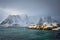 Yellow rorbu houses, Lofoten islands, Norway