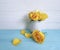 Yellow rose vase wooden background greeting decoration