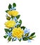 Yellow roses and blue small flowers in a corner arrangement