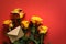 Yellow roses for valentines day arranged lying down on red paper background.