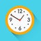 Yellow round clock on blue background. Flat vector icon with long shadow