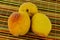 Yellow round peach three fruit whole fluffy mature close-up base of deserts beverage juicy sweet base