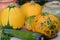 Yellow round speckled pumpkins with raw seasonal vegetables and ceramic pots