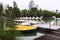 Yellow Rowing Boat and Swan Pedal Boats in Park.recreational pursuits at Lumpini park include rowing, paddleboats, jogging,