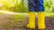 Yellow rubber boots on the child`s feet . Shoes for wet weather. Children`s shoes. Ads for rubber boots.