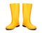 Yellow rubber boots isolated on white background. Dirty boots.