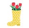 Yellow rubber boots with red garden flower springtime mood, spring rose floret isolated on white, flat vector