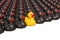 Yellow rubber duck among black rubber ducks. Leader concept, 3D rendering