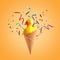 Yellow rubber duck with ice cream cone and party streamers on bright background. Summer minimal concept