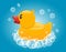 Yellow rubber duck in soap foam. Baby bathing toy. Vector cartoon illustration