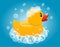 Yellow rubber duck in soap foam. Baby bathing toy. Vector cartoon illustration