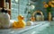 Yellow rubber duck and white towels in the bathroom