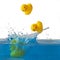 Yellow rubber ducks bathe, background for baby products for washing
