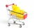 Yellow rubber ducks in shopping cart on a white background.Children goods and purchases