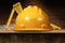 Yellow Safety Helmet and Folding Ruler above a Wooden Shelf