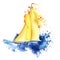 Yellow sailing ship with orange flag. Light pleasure yacht sailboat in a shapeless cloud of yellow and blue spray. Boat