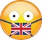 Yellow scared emoji in British medical mask protecting from SARS, coronavirus, bird flu and other viruses, germs and bacteria and