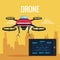 Yellow scene city landscape set remote control tablet and red robot drone with metal arms and four airscrew