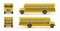 Yellow school bus front, back and side view. Transportation and vehicle transport, back to the school. Relistic bus