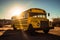 A yellow school bus is parked in a dirt lot with the sun setting behind it. AI generation