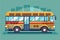 A yellow school bus is parked in front of a tall building in the city, City bus Customizable Semi Flat Illustration