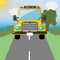 Yellow school bus rides on an asphalt road. Foreground. Green meadow and trees. Back to school. Vector landscape
