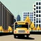 Yellow School Bus on a Sunny Fall Day in a City Head on Illustration