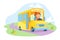 Yellow Schoolbus with Driver Character at Steering Wheel Riding Road on Nature Summer or Autumn Landscape Background