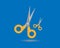 Yellow scissors, Open and closed on blue background. Scissors icon. Flat design. Vector illustration.