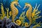 yellow seahorses swimming close to the coral & x28;Hippocampus Taeniopterus& x29;