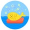 Yellow seal lying on red mattress at sea. Vector color cartoon illustration.