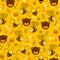 Yellow seamless pattern with bears, honey, flowers, hearts, bee and honeycomb.
