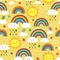 Yellow seamless pattern with cute rainbow, cloud, bird and sun