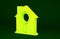 Yellow Search house icon isolated on green background. Real estate symbol of a house under magnifying glass. Minimalism