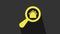 Yellow Search house icon isolated on grey background. Real estate symbol of a house under magnifying glass. 4K Video