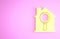 Yellow Search house icon isolated on pink background. Real estate symbol of a house under magnifying glass. Minimalism