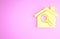 Yellow Search house icon isolated on pink background. Real estate symbol of a house under magnifying glass. Minimalism