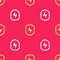 Yellow Secure shield with lightning icon isolated seamless pattern on red background. Security, safety, protection