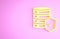 Yellow Server with shield icon isolated on pink background. Protection against attacks. Network firewall, router, switch