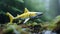 Yellow Shark Toy Swimming Through Green Bushes In Diorama Style