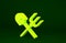 Yellow Shovel and rake icon isolated on green background. Tool for horticulture, agriculture, gardening, farming. Ground